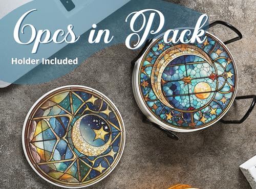 Moon Coaster, Ceramic, Set of 6, with Gift Box, Absorbent with Cork Base, Stain Glass Stlye Gifts for Moon Lovers, Home Decor for Housewarming, Thanksgiving, Birthday, Christmas