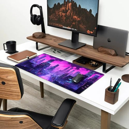 Cyberpunk Neon Purple City Gaming Desk Mouse Pad XL Pink Extended Mouse Pad Gaming, Keyboard Pc Office Laptop Mousepad Large, 31.5x15.8 in with Stitched Eges Non-Slip Base Mouse Pads - color: City Skyline