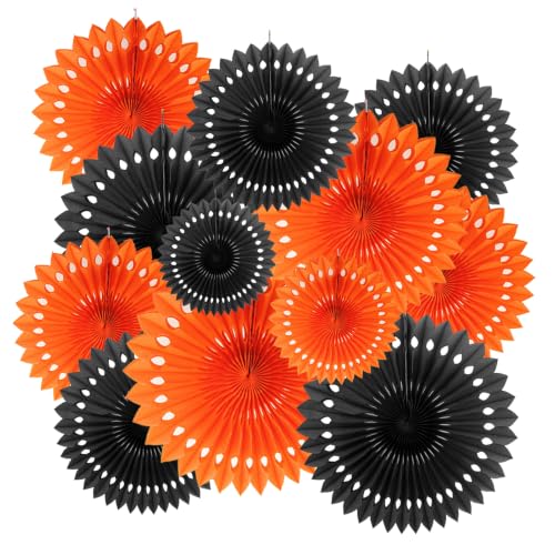 ZOOYOO Hanging Paper Fans Party Decorations,12 Pcs Orange Black Honeycomb Round Fans,Ceiling Decor for Birthday,Wedding,Fall,Harvest,Halloween Party Backdrop - color: Black Orange