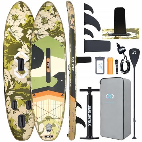 ZLX 11'6"x35" Ultra Wide Inflatable Stand Up Paddle Board | Stable Non-Slip Deck Pad, Unique Fin System, Premium SUP Accessories & Backpack - Upgraded Pump for Adults, All Skill Levels - color: Sand Beige