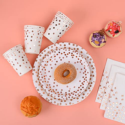 YAOSHENG 201 Pieces Rose Gold Party Supplies - Rose Gold Dot on White Paper Plates and Napkins Cups Silverware Serves 25 Sets for Wedding Bridal Shower Engagement Birthday Parties.(Rose gold dot) - color: Rose gold dot