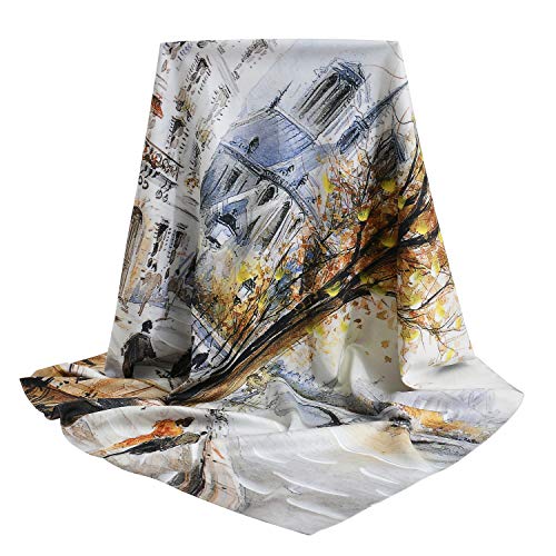 100% Mulberry Silk Scarf-Printed or Solid Color 35” Square Large Silk Hair Head Wrap Scarf With Gift Box Package - color: M1 Pattern: Autumn Street
