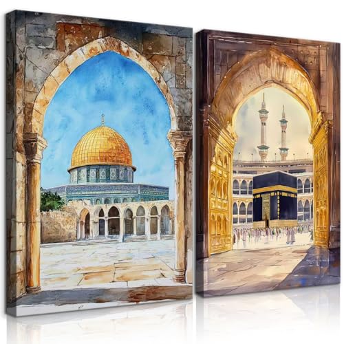 2pc Islamic Wall Art Aqsa Mosque Kaaba Wall Decor Watercolors Muslim Poster Modern Pictures Living Room Home Decor 16x24in Framed - size: 16"L x 24"W