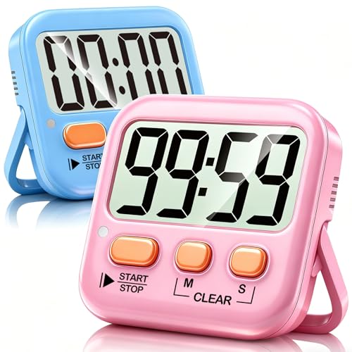 2 Pack Digital Timer for Kids Classroom Kitchen Timers for Cooking | w/ Battery, Easy to View, Alarm, Mute Mode, Count Down/Up, Magnetic, Kickstand, Hanging, Classroom Timer for Teacher Supplies - color: 2 * Dreamy Pink + Blue ( 95%+select for Boy & Girl