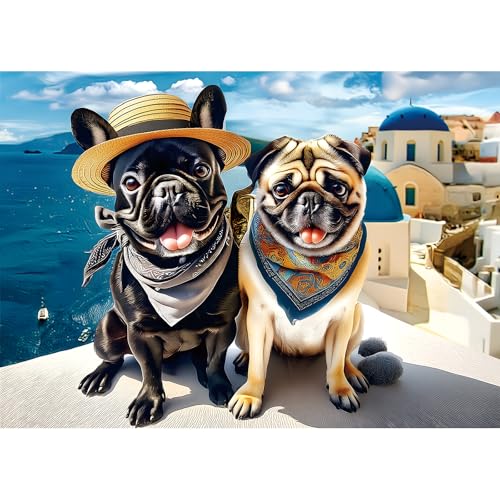 1000 Piece Jigsaw Puzzle for Adults Cute Fun Dog Vacation in Santorini Greece Scene Beautiful Landscape Puzzle Fun Bulldog Puzzle Games for Adults Night (70x50cm) - color: Fun Dog