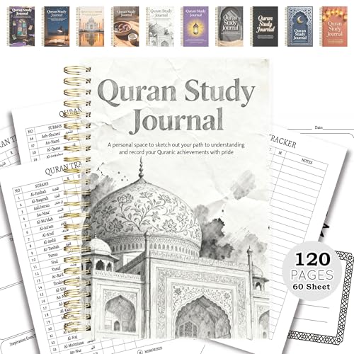Premium Quran Study Journal - A5 Spiral Bound Islamic Reflection Notebook with 120 Pages 100gsm Thick Paper - Arabic & Translation Tracker for Daily Quranic Study, Memorization & Ramadan Gifts (Pencil Sketch) - color: Pencil Sketch