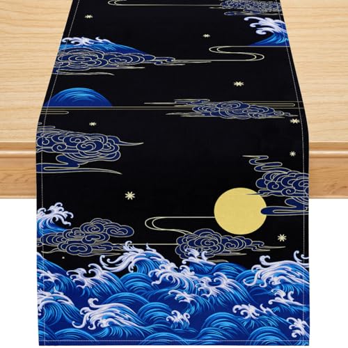 Japanese Wave Table Runner,Oiental Traditional Japanese Art Style Coastal Sea Pattern Linen Table Decor for Dining Room Kitchen – 13x36 Inch - color: Blue Wave, size: 13x36inch