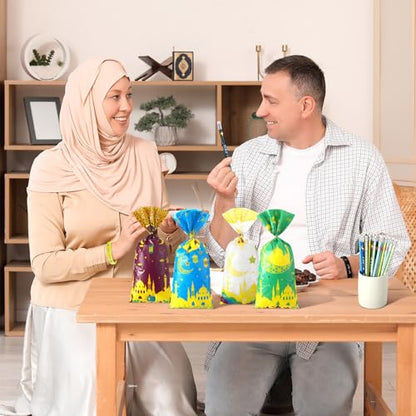 Mooliwe 144 Pcs Ramadan Mubarak Party Favor Gifts Bulk 48 Eid Ramadan Muslim Pencils 48 Mubarak Wristbands 48 Cellophane Gift Bag for Party Decorations Supplies(Chic Style) - style: Chic Style