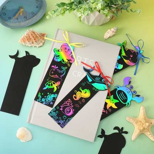 JUNEBRUSHS 30Pcs Ocean Crafts, Rainbow Magic Ocean Animals Scratch Bookmarks Under The Sea Party Favors Games for Activities Summer Arts and Crafts - style: Ocean Style