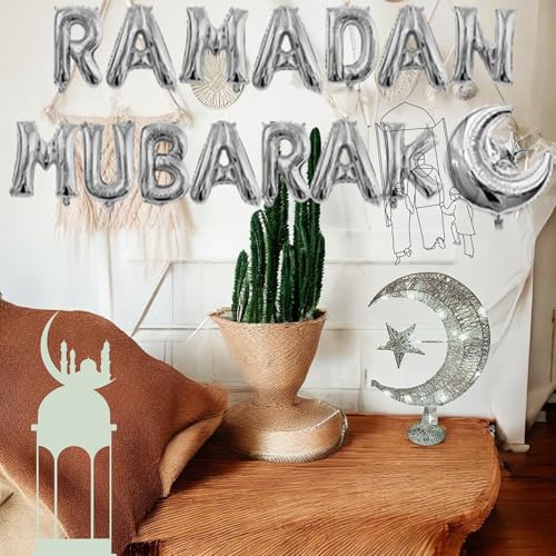 Eid Crescent Moon Star Table Lamp - Battery-Powered LED Light, Festive Home Décor Eid Gift Set with Mubarak Balloons, 14” Long (Silver) - color: Silver