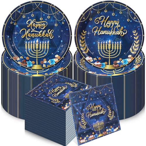 Teenyyou 120 Pcs Hanukkah Disposable Paper Plates and Napkins Bulk Hanukkah Party Supplies Dinnerware Decorations Paper Plates Napkins Set for Party - color: Dark Blue, style: Hanukkah
