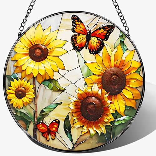 Butterfly Stained Glass Window Hanging, 8 Inch Sun Catchers Indoor Window, Suncatchers for Windows Hanging, Home Decoration and Christmas, Festival, Mother's Day, Birthday, Gifts for Women, Mom - color: Butterfly in Sunflowers