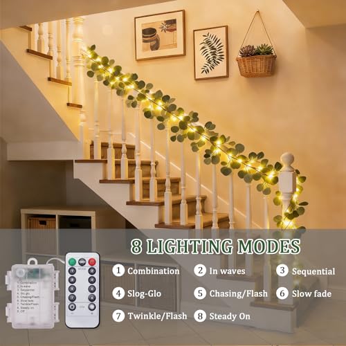 Artificial Eucalyptus Garland with Lights, 6FT Fairy Light Eucalyptus Vine with Timer, 8 Modes, Waterproof Battery Operated, Faux Greenery Vine for Spring Easter Wedding Decoration (Eucalyptus)