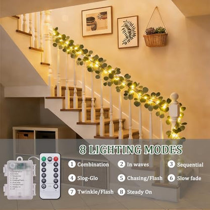 Artificial Eucalyptus Garland with Lights, 6FT Fairy Light Eucalyptus Vine with Timer, 8 Modes, Waterproof Battery Operated, Faux Greenery Vine for Spring Easter Wedding Decoration (Eucalyptus)