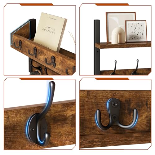 YMYNY 31.5" Coat Rack Wall Mount with Shelf, 4 in 1 Key and Coat Hanger with 12 Metal Hooks, Wall Shelf with Hooks & Mail Holder for Living Room, Bedroom, Rustic Brown, HWS007H-2 - color: Rustic Brown, size: 31.5" - 4-in-1