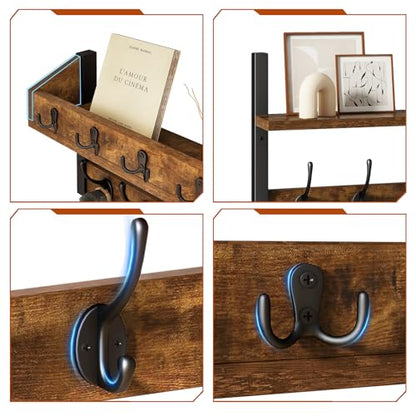 YMYNY 31.5" Coat Rack Wall Mount with Shelf, 4 in 1 Key and Coat Hanger with 12 Metal Hooks, Wall Shelf with Hooks & Mail Holder for Living Room, Bedroom, Rustic Brown, HWS007H-2 - color: Rustic Brown, size: 31.5" - 4-in-1