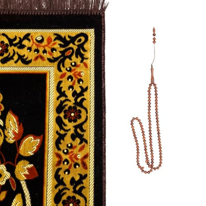 Muslim Prayer Rug, Soft Plush Thin Islamic Prayer Mat, Janamaz, Sajada, Praying Carpet, Islamic Gift for Men & Women, Islamic Ma, Eid & Ramadan Gift with Prayer Beads, 26x43 inch, Black - color: Tabuk / Kaaba Black