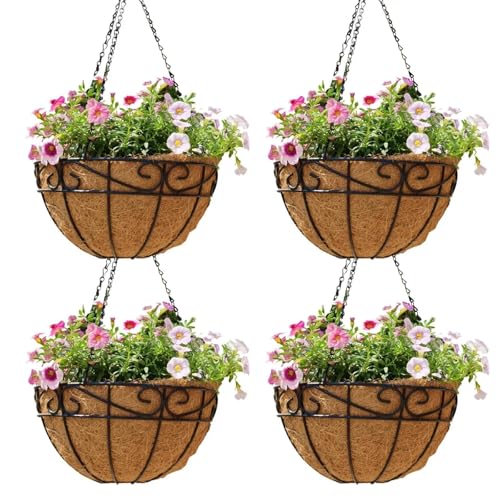 4 Pack 10 Inch Hanging Baskets for Plants Outdoor Metal Hanging Planter Hanging Flower Baskets with Coco Fiber Liners Chain Round Wire Plant Holder Hangings Flower Pots(Plaid) - size: 10 Inch, style: Plaid
