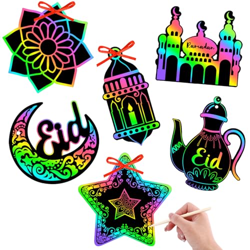 FEBSNOW 48Pcs Ramadan Crafts for Kids Magic Rainbow Scratch Paper Art Set | School Classroom Ramadan Activities, Kids DIY Eid Craft Projects, Magic Hanging Scratch Ornaments, Holiday Party Favors - style: Ramadan
