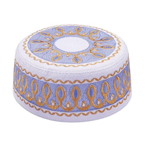 RUIXIA Men Boys Muslim Prayer Kufi Hat Skull Cap Embroidery Islam Kufi Headware takke Praying Beanie Hat Kofia Topi Hat - color: Blue/White--kids 7-10yrs