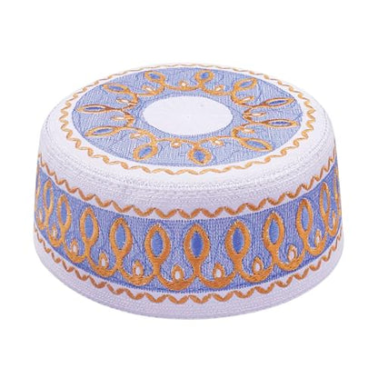 RUIXIA Men Boys Muslim Prayer Kufi Hat Skull Cap Embroidery Islam Kufi Headware takke Praying Beanie Hat Kofia Topi Hat - color: Blue/White--kids 7-10yrs