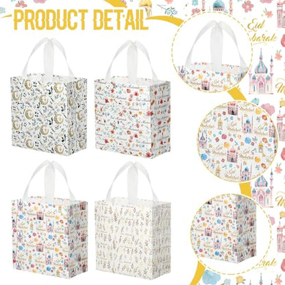 Amylove 24 Pcs Reusable Eid Mubarak Gift Bags with Handles Non Woven Ramadan Goodie Bags Eid Mubarak Party Favor Treat Gift Wrapping Shopping Tote Ramadan Party Supplies 9.2" x 8.7" x 4.3"