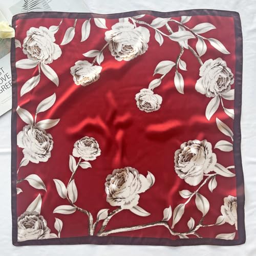 FONYVE Silk Feeling Scarf Medium Square Satin Head Scarf for Women 27.5 × 27.5 inches - color: 03 Red Flowers