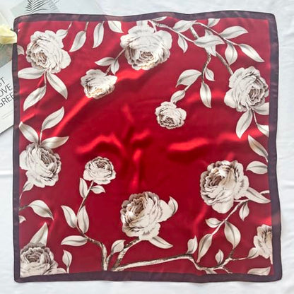 FONYVE Silk Feeling Scarf Medium Square Satin Head Scarf for Women 27.5 × 27.5 inches - color: 03 Red Flowers