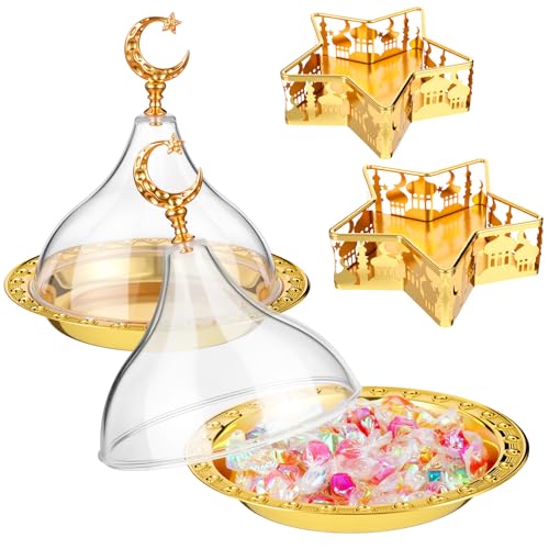 3 Pcs Ramadan Serving Trays Decoration, 1 Gold Round Tray with Acrylic Dome & 2 Star Shaped Trays, Eid Mubarak Metal Plate Dish for Dessert Display Holder Islam Muslim Home Party Table Decor