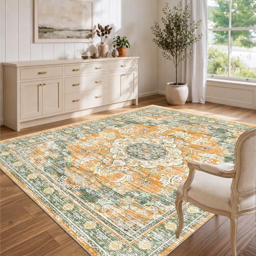 5x7 Area Rugs for Living Room, Boho Washable Non Slip Carpets, Green Orange - color: Green Orange, size: 5' x 7' (Rectangular)