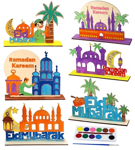 MUOUAKATE 6 Pcs Wooden Ramadan and Eid Crafts Kit, Paint Your Own Ramadan Activities for Boys Girls Ages 3-10 11 12, Ramadan Gifts for Ramadan Eid Party Supplies Class Home Table Decoration