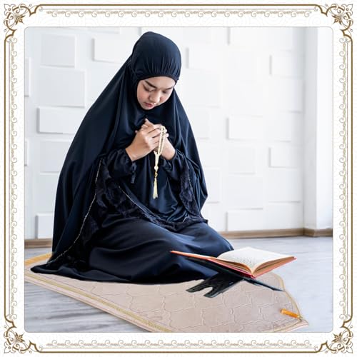 Muslim Prayer Rug with Tasbih Prayer Beads, Extra Thick Padded Non-Slip Islamic Prayer Matt,Turkish Praying Carpet Ottoman Blankets Ramadan Gift for Ramadan, Eid, Hajj, Travel, Pray (Camel) - color: Camel