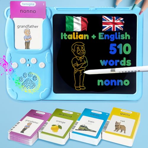 Writing Tablet with Bilingual Flash Cards for Kids, Italian Blue - color: Italian, size: Blue