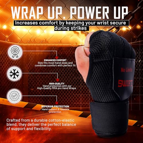 SwiftTechSports Pro Gel Hand Wraps Inner Gloves for Men and Women – 100cm Wrist Straps with Padded fist Protection. Muay Thai, MMA, Kickboxing, Boxing, and All Combat Sports - size: Small-Medium