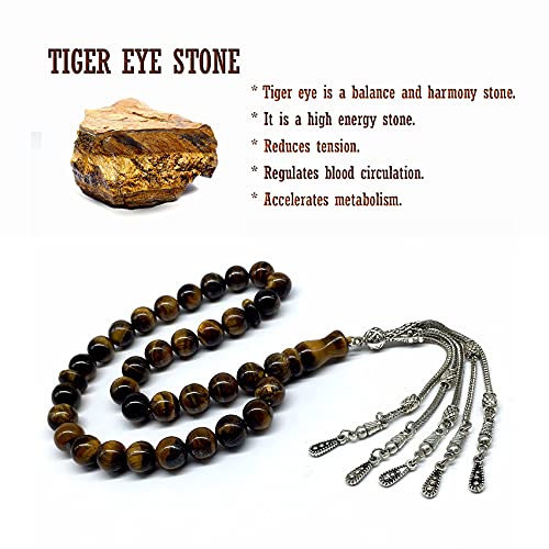 Big Prayer Beads-Worry Beads-Tesbih-Tasbih-Tasbeeh-Misbaha-Masbaha-Subha-Sebha-Sibha-Rosary (-Tiger Eye Natural Stone with Metal Tassel -10mm-33 Beads-) - color: Big Beads with Metal Tassel -10mm-33 Beads-