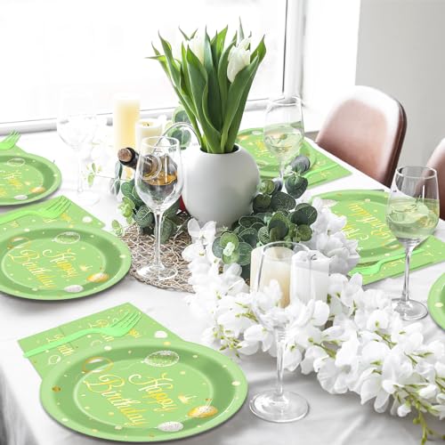 Qyeahkj 100 Pcs Sage Green Birthday Party Supplies Olive Green Gold Paper Plates Napkins Forks Tableware Set Disposable Greenery Happy Birthday Party Decorations for Women Men Girls Favors Serve 25 - style: Sage green birthday
