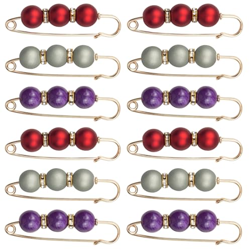 ELANE Large Pearl Brooch Pins Pant Waist Tightener, Decorative Safety Pins for Clothing (Red+Grey+Purple-12PCS) - color: Red+grey+purple-12pcs