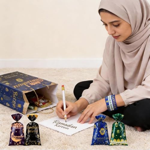 Mooliwe 144 Pcs Ramadan Mubarak Party Favor Gifts Bulk 48 Eid Ramadan Muslim Pencils 48 Mubarak Wristbands 48 Cellophane Gift Bag for Party Decorations Supplies(Conventional Style) - style: Conventional Style