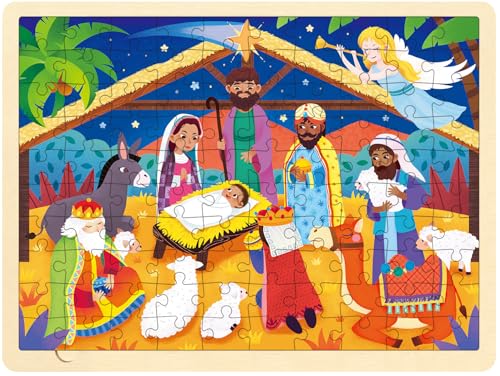 Wooden Nativity Puzzle for Kids Ages 3-5, Baby in The Manger 100 Piece Puzzles for Kids Ages 4-8 with Tray, Religious Christmas Puzzle for 3 4 5 6 7 8 Year Old - style: 100 Piece