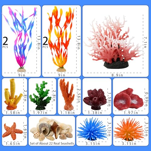 35PCS Coral Reef Aquarium Decorations Set, Ocean Style Aquarium Decor with Artificial Coral, Plants, Seashells, Anemones and Starfish for Freshwater, Saltwater and Tropical Fish Tanks