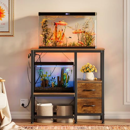 20-29 Gallon Fish Tank Stand with Power Outlet Vintage Metal Aquarium Stand with 2 Fabric Drawers Heavy Duty Reptile Tank Stand with 3-Tier Adjustable Storage Shelves, Left-Right Mounting