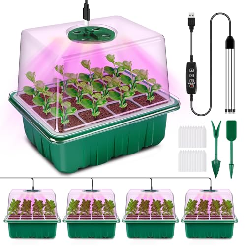 YAUNGEL Seed Starter Tray with Grow Light, 4 Pack Seed Starter Kit with Timing Controller Adjustable Brightness, Thicken Seedling Starter Trays with Humidity Domes Heightened Lids, Gift Box | Seed Starter Kit with LED, 4/8/12/18H Timer, Adjustable Brightn