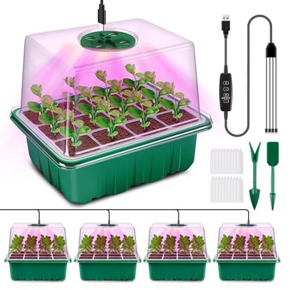 YAUNGEL Seed Starter Tray with Grow Light, 4 Pack Seed Starter Kit with Timing Controller Adjustable Brightness, Thicken Seedling Starter Trays with Humidity Domes Heightened Lids, Gift Box | Seed Starter Kit with LED, 4/8/12/18H Timer, Adjustable Brightn