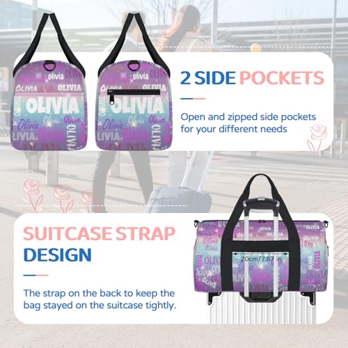 Custom Dance Bag with Name for Travel, Purple Blue Galaxy Background | Personalized Large Sports Duffle Bag Gym Cheer Bag - color: Purple Blue
