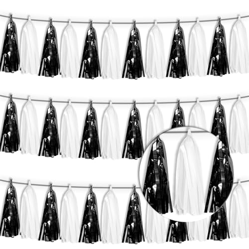 3P Black White Tassel Banner Garland Metallic Foil Fringe Banner Tinsel Tassels Streamer Banner Backdrop for Parade Floats Graduation, Halloween, Christmas, Father's Day Party Decorations - color: Black White