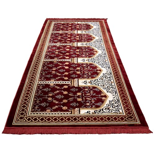 Modefa Turkish Islamic Prayer Rug - Multi Person Janamaz Sajada for Family or Large Gathering & Group Praying Carpet - Wide Plush Velvet Praying Mat (Long 5 Person Red) - color: Long Red
