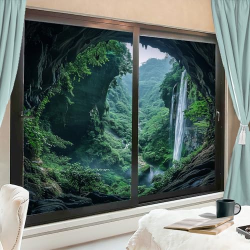 Modern Cave Waterfall Frosted Window Privacy Film, Mountain Green Forest Scenery House Window Film Adhesive Glass Coverings for Bathroom Home Decorative 17.7Wx23.6L-inch x2 Pcs - color: Style-3, size: 17.7Wx23.6L-inch x2 Pcs