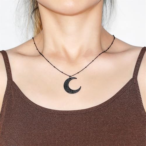 Stainless Steel Arabic Moon Pendant Necklace - Islamic Allah Symbol Jewelry for Men and Women - Religious Amulet Talisman Gift YA4979 - color: black moon pendant necklace