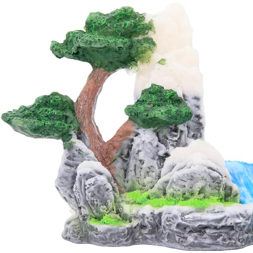 Mountain Waterfall Aquarium Decoration – Natural Rock Cliff with Trees & Stream, Hand-Painted Resin Fish Tank Ornament