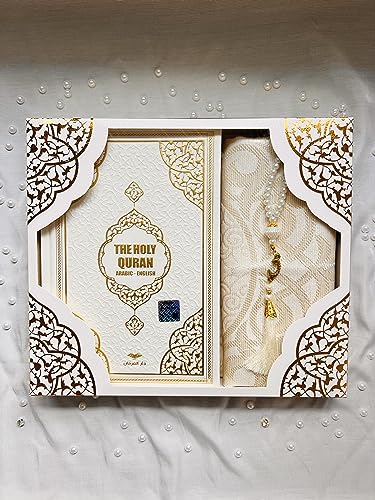 Decoret English Translate Thermo Leather Covered Quran, Tafta Prayer Mat, Pearl Breads and Luxury Gift Box 4 Pieces Set, Great Ramadan Gifts for Muslim Men and Women Gift - color: White, size: 1 Sets